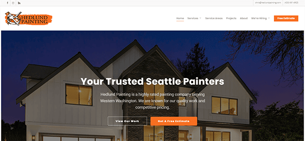 Screenshot of Hedlund Painting's website homepage featuring a house and offering services in Western Washington. The website provides options to view their work or get a free estimate.