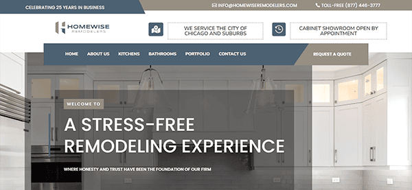 Screenshot of Homewise Remodelers' website homepage, showing their contact information, services, and a slogan: "A Stress-Free Remodeling Experience." The navigation menu includes links to various sections of the site.