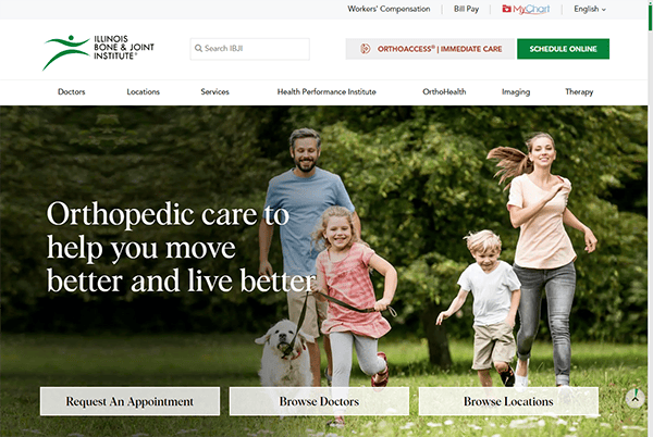 A family with two children and a dog is walking joyfully outdoors. The website header reads "Orthopedic care to help you move better and live better" with navigation options and buttons for appointments.
