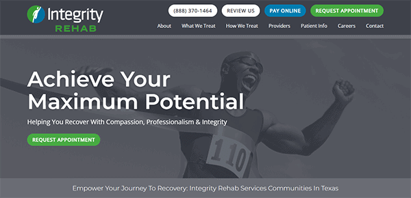 Banner image for Integrity Rehab with a focus on maximizing recovery potential. Includes a contact number, review options, and buttons for online payment and appointment requests. Features a runner crossing a finish line.