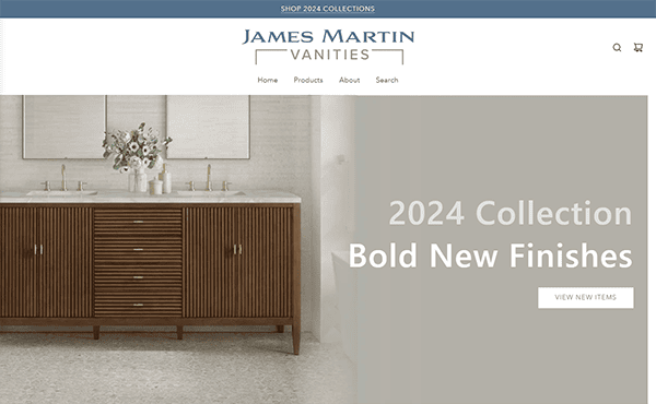 Website homepage featuring "James Martin Vanities" banner. Image shows a wooden double sink vanity with flowers. Text reads "2024 Collection Bold New Finishes" with a "View New Items" button.