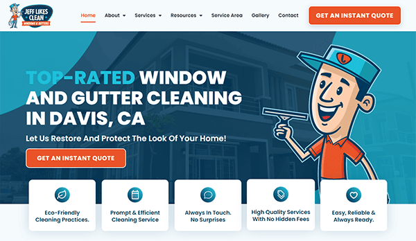 Screenshot of a website for a window and gutter cleaning service in Davis, CA. The homepage highlights services offered and features a cartoon character with text promoting an instant quote.