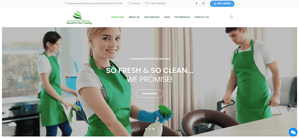 Four professional cleaners in green aprons and gloves are cleaning an office. The background features their company logo and website menu. Text on the image reads "Professional Cleaning Services.