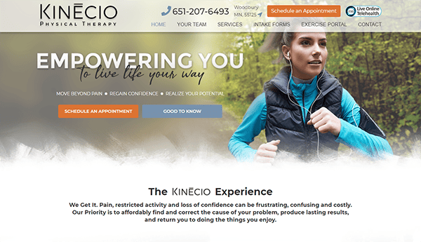 Screenshot of the Kinecio Physical Therapy website featuring a woman running and text about scheduling an appointment for physical therapy services. Contact number and scheduling options are also visible.