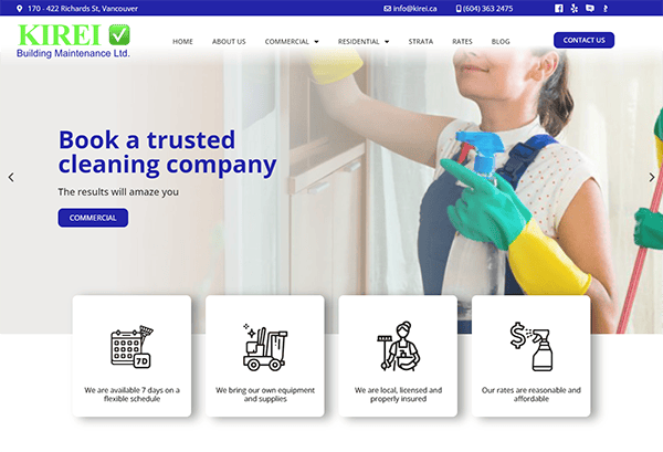 Screenshot of a webpage for Kirei Building Maintenance Ltd. featuring a worker cleaning a window with the headline “Book a trusted cleaning company.” Service icons and contact details are visible.