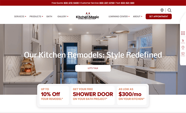 Website homepage featuring a kitchen remodeling service with a promotional banner offering up to 10% off, a free shower door, and options starting as low as $300/month. "Set Appointment" button is visible.