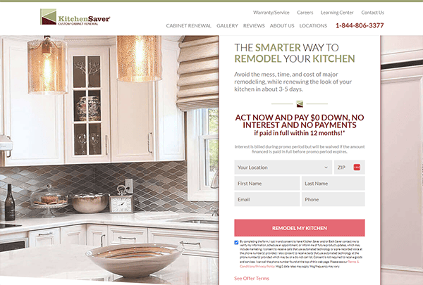 A kitchen remodel service website promoting a 3-5 day renovation with no down payment, interest, or payments due for 12 months. Features include a form for location, name, email, and phone.