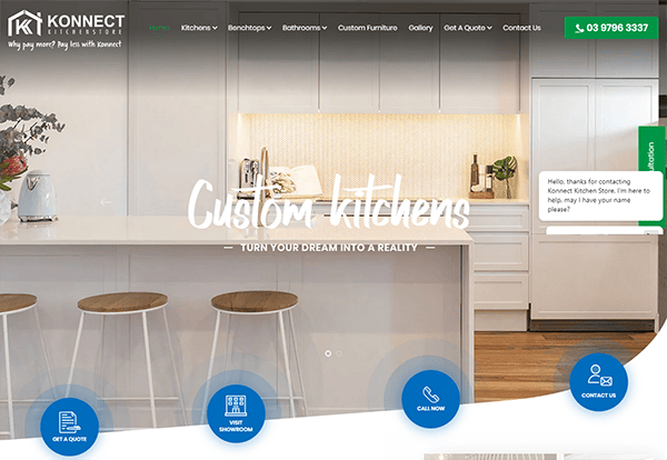 Screenshot of a website for "Konnect Kitchens," showcasing a modern kitchen with a white island and stools. Menu options include kitchens, kitchen tops, bathrooms, custom furniture, gallery, and contact.