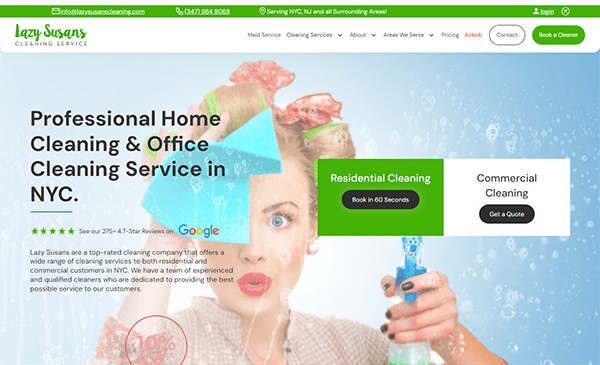 Website homepage of Lazy Susans Cleaning Service, featuring a woman cleaning with a spray bottle. The site offers residential and commercial cleaning services in NYC, along with a booking option.