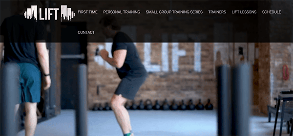 Two people exercising in a gym with "LIFT" branding. The website menu includes options like First Time, Personal Training, Small Group Training Series, Trainers, LIFT Lessons, Schedule, and Contact.