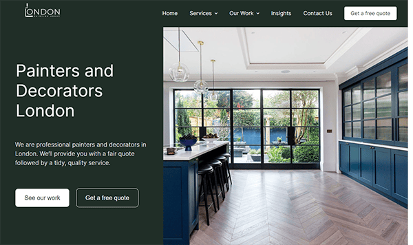 Website homepage for "London Painters and Decorators" showcasing a modern kitchen with blue cabinets and a large window. The site offers services, client work examples, insights, and contact info.