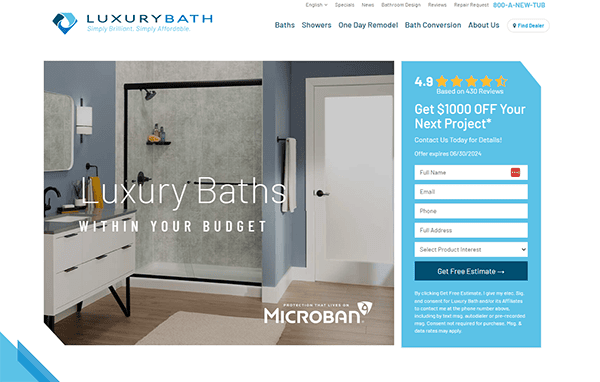 Screenshot of a website for Luxury Bath, showcasing a bathroom with a white vanity and a walk-in shower. Text on the right side promotes a $1000 off offer, with a form to schedule a free estimate.