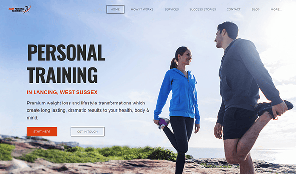 Two people in athletic clothing stretch near a scenic viewpoint outdoors. Text on the image advertises personal training services in Lancing, West Sussex.