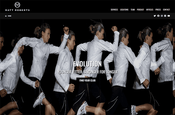 A woman in a white jacket running, shown in multiple sequential frames against a dark background. Text reads: "EVOLUTION - YOUNGER, FITTER, STRONGER FOR LONGER. FIND YOUR CLUB." Matt Roberts logo at top.