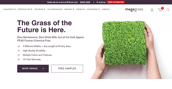 A website homepage displaying an advertisement for a type of artificial grass. Headline reads "The Grass of the Future is Here." Various benefits and shopping options are listed, with an image of a hand holding the grass.