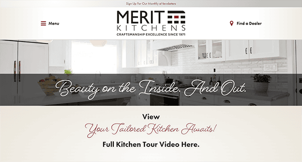 Screenshot of the Merit Kitchens website homepage featuring the tagline "Beauty on the Inside. And Out." and a call-to-action to view a tailored kitchen tour video. The page also has options to find a dealer and sign up for a newsletter.