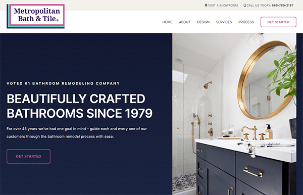 Homepage of Metropolitan Bath & Tile featuring a sleek bathroom with a vanity, marble countertop, and a glass shower. Text highlights the company's expertise in bathroom remodeling since 1979.