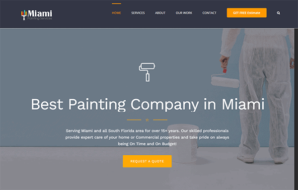 Website header for "Miami Painting Services" displaying a roller brush and paint cans. Text promotes the company as the best painting company in Miami, with a call-to-action button labeled "Request A Quote.