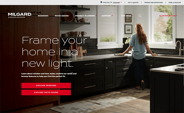 A person stands at a kitchen counter in a modern kitchen. The webpage advertises Milgard windows and doors, with a CTA to explore windows and patio doors.