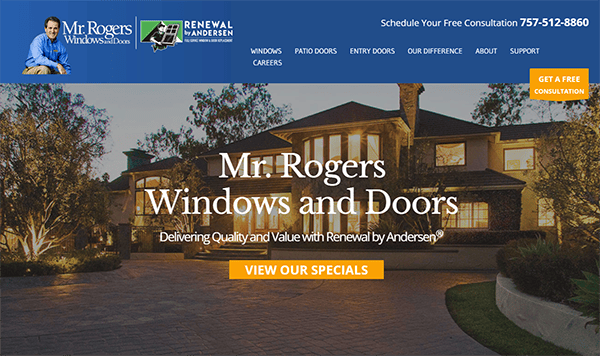 Screenshot of the Mr. Rogers Windows and Doors website homepage, showing the company logo, contact number, a large house at dusk, and options for 'Free Consultation' and 'View Our Specials'.