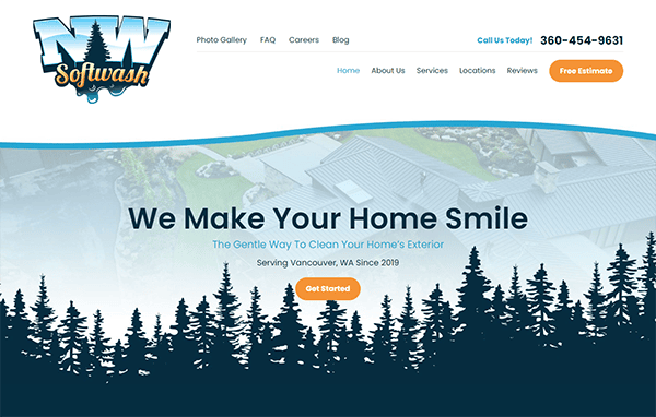Website homepage of NW Softwash featuring a logo with a mountain and tree design, a navigation menu, a contact number, and a main headline: "We Make Your Home Smile" above service information.