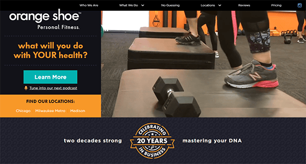 A person is stepping up onto a box at a gym. The text reads "orange shoe Personal Fitness" and promotes health with a "Learn More" button. A 20-year business celebration graphic is displayed at the bottom.