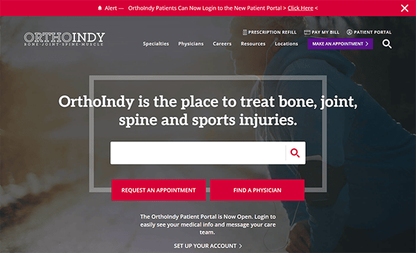 Website homepage of OrthoIndy, a medical facility specializing in bone, joint, spine, and sports injuries, featuring options to request an appointment, find a physician, or log into the patient portal.