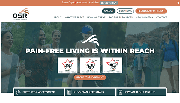 Screenshot of a physical therapy website with a banner stating "Pain-free living is within reach." There are award icons labeled "Best of 2024" and various navigation options including 'Call Us' and 'Locations'.