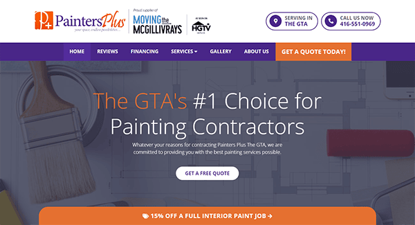 Website homepage for Painters Plus showcasing their services as the GTA's #1 painting contractor, with a call to action for a free quote and a 15% discount offer on interior painting jobs.