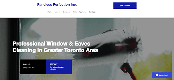 Screenshot of the Paneless Perfection Inc. website, featuring a highlighted text about their professional window and eaves cleaning services in the Greater Toronto Area, with contact details and a chat option.