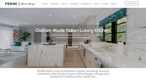 Screenshot of a website showcasing a custom-made Italian luxury kitchen with white marble countertops and modern fixtures. The website belongs to Pedini by Donna Designs, offering a "Get a Quote" option.