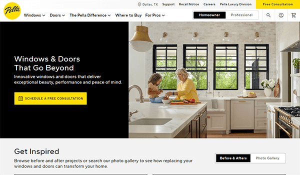 A kitchen scene with two people preparing food. The webpage promotes Pella's innovative windows and doors with an option to schedule a free consultation. Options to browse before and after projects are visible.