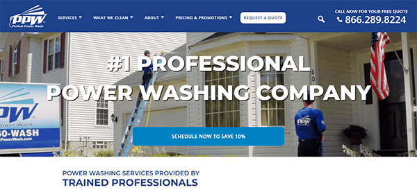 A person in a blue uniform power washes the side of a house from a ladder. Text reads, "#1 Professional Power Washing Company." Contact information and promotional details are also visible.