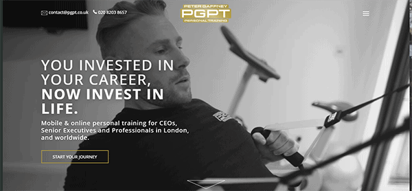A man uses fitness equipment. Text on the image reads: "You invested in your career, now invest in life. Mobile & online personal training for CEOs, Senior Executives and Professionals in London and worldwide.