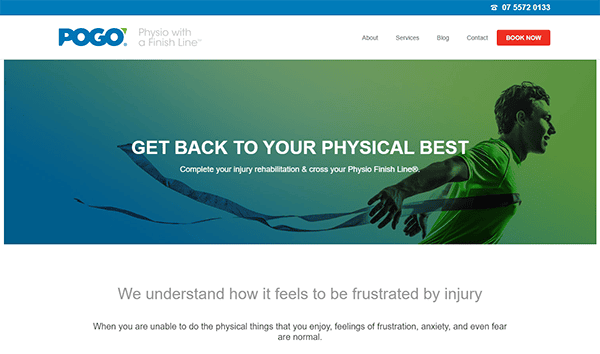 Screenshot of POGO Physio website showing a runner crossing a finish line. Text reads: "GET BACK TO YOUR PHYSICAL BEST. Complete your injury rehabilitation & cross your Physio Finish Line®.