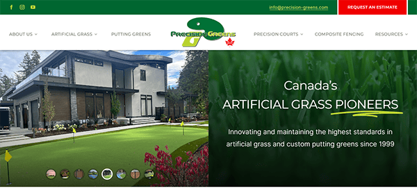 Website homepage of Precision Greens showcasing a modern house with a putting green in front and featuring text about their work in artificial grass since 1999.