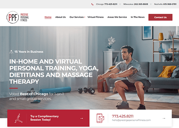 Website screenshot of Prestige Personal Fitness offering in-home and virtual training services. Main sections include an offer for a complimentary session and contact information for different locations.