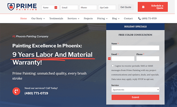 Prime Painting company website homepage offering a 9-year labor and material warranty. Includes contact form, phone number, and a holiday specials section. Red "Schedule a Quote" button visible in the header.