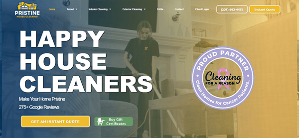 A house cleaner in a black shirt vacuums a living room. The website header reads "Happy House Cleaners" with an "Instant Quote" button and a "Cleaning for a Reason" partner logo.