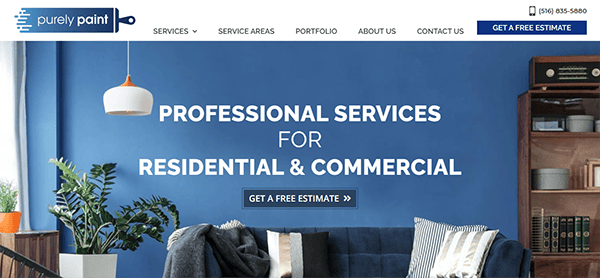 Website homepage for Purely Paint advertising professional residential and commercial painting services. A blue wall is decorated with a white sofa and green plants. Contact information is displayed.