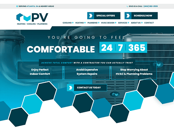 Image showing the homepage of an HVAC company's website, featuring their logo, contact information, and a slogan stating "You're going to feel comfortable 24/7 365." Various hexagon shapes frame the content.