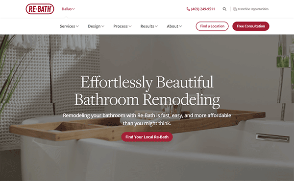 Screenshot of Re-Bath website showcasing a bathroom with a white tub and wooden tray. The text reads, "Effortlessly Beautiful Bathroom Remodeling" with options for locating a Re-Bath and free consultation.