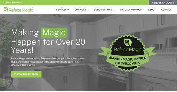 Screenshot of Reface Magic's website shows a kitchen and text saying, "Making Magic Happen for Over 20 Years! Reface Magic is celebrating 20 years of restyling kitchens and bathrooms.