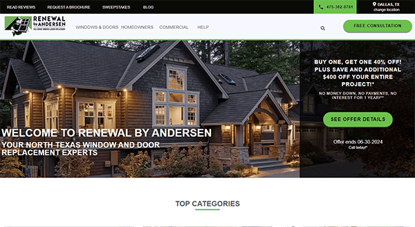 Screenshot of Renewal by Andersen website, showcasing a large home with illuminated windows and text offering a window and door replacement service in North Texas with promotional discounts.