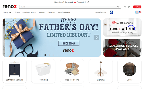 Screenshot of Renoz's website homepage featuring a Father's Day discount promotion. Navigation options include Bathroom Vanities, Plumbing, Tiles & Flooring, Lighting, and Decor.