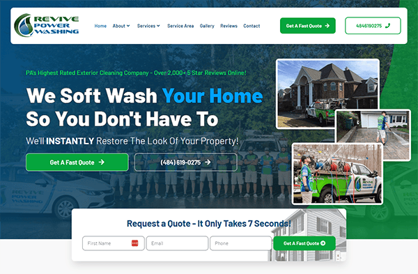 Website for Revive Power Washing promoting their exterior cleaning services. It highlights customer reviews, service areas, and offers an option for getting a fast quote. Image includes crew and equipment photos.