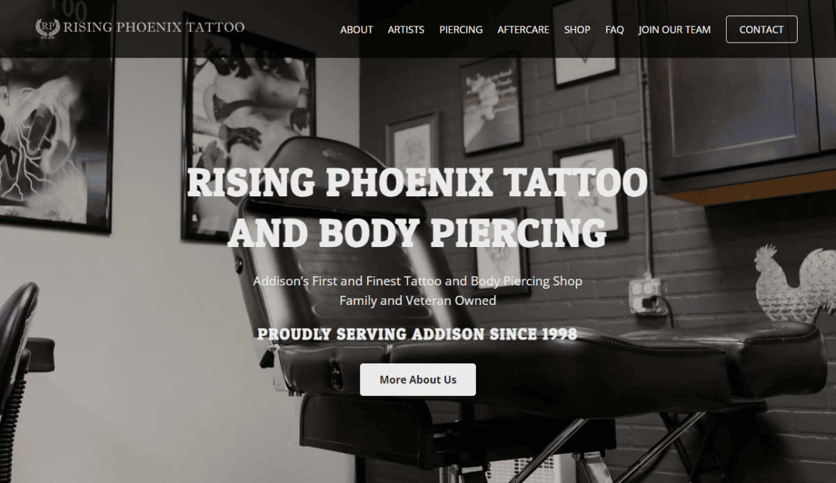 Homepage of Rising Phoenix, a tattoo and piercing studio featuring artist profiles, customer reviews, and a gallery of tattoo work. The page includes contact information and social media links at the bottom.