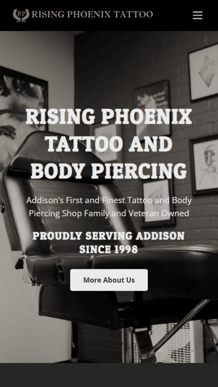 A website showcasing Rising Phoenix Tattoo Studio with images of artists, testimonials, a gallery of tattoo artwork, and an inquiry form at the bottom.