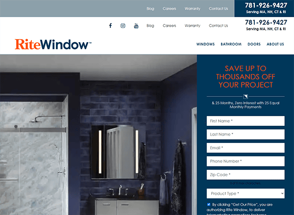 Screenshot of RiteWindow website featuring a bathroom renovation ad offering thousand-dollar savings and zero-interest financing. The right side includes a contact form for visitors to fill out.