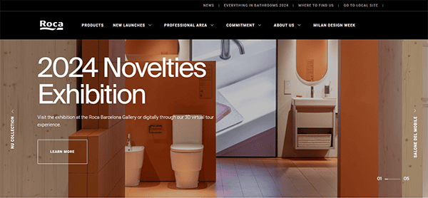 Image of the Roca website homepage displaying the "2024 Novelties Exhibition" with modern bathroom fixtures and a tour invitation. The page features a clean layout with sections for products and new launches.